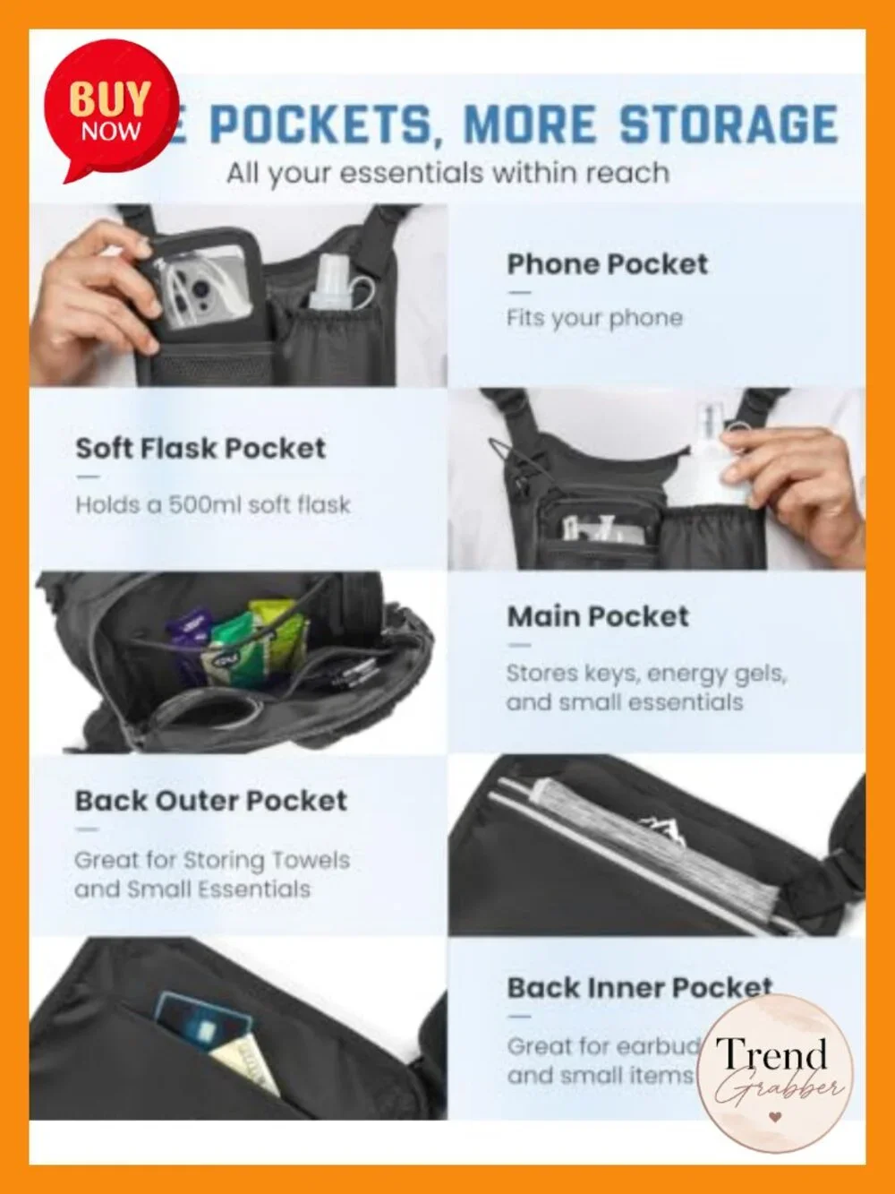 Hydration Vest with 500ml Soft Flask, Phone Pouch, 5 Pockets